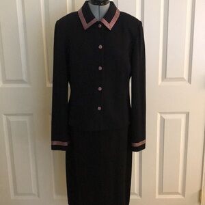 New St. John Evening Black Suit Dress & Jacket with Pink Rhinestone Accents 14